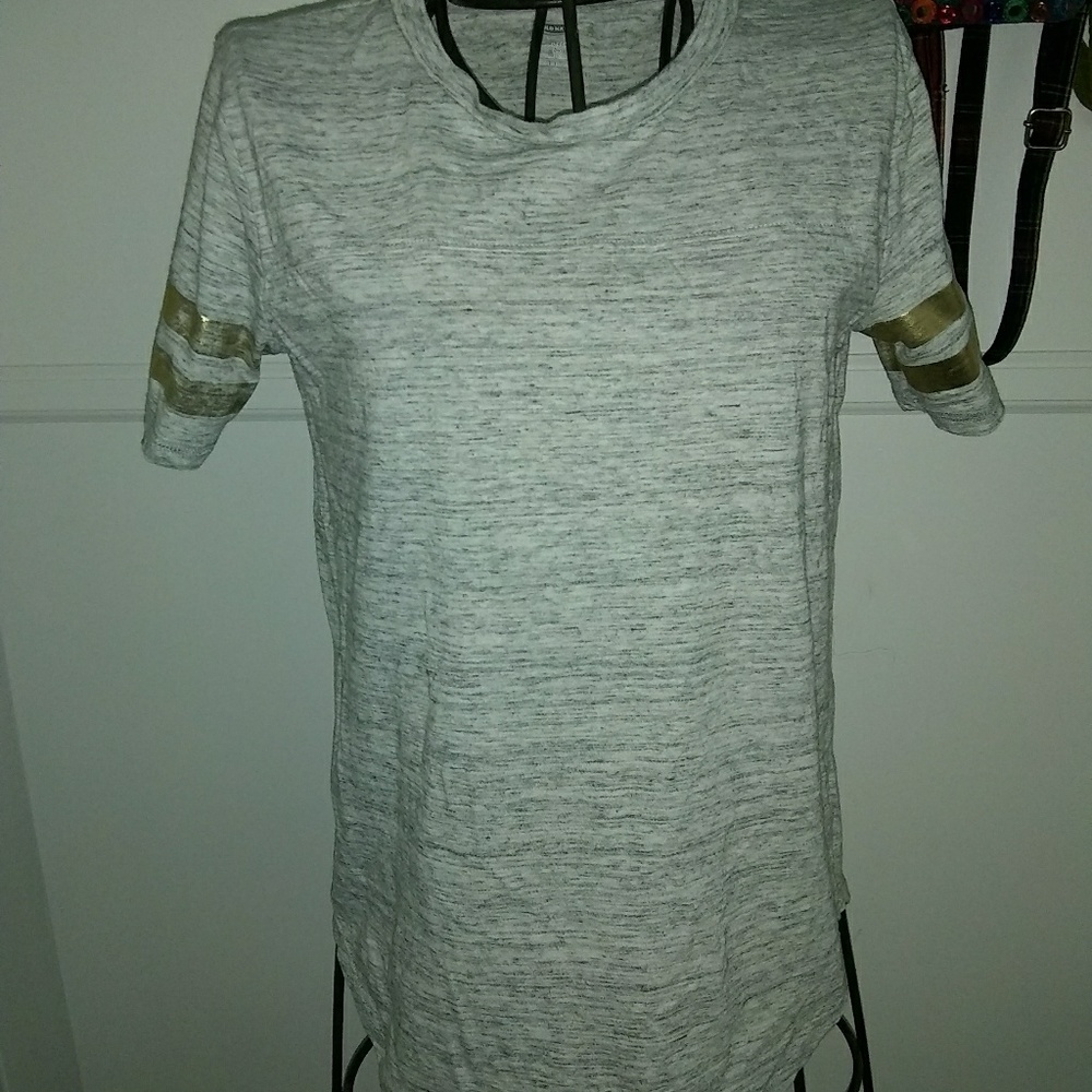White and Gray T-shirt, Gold Stripes on Sleeves